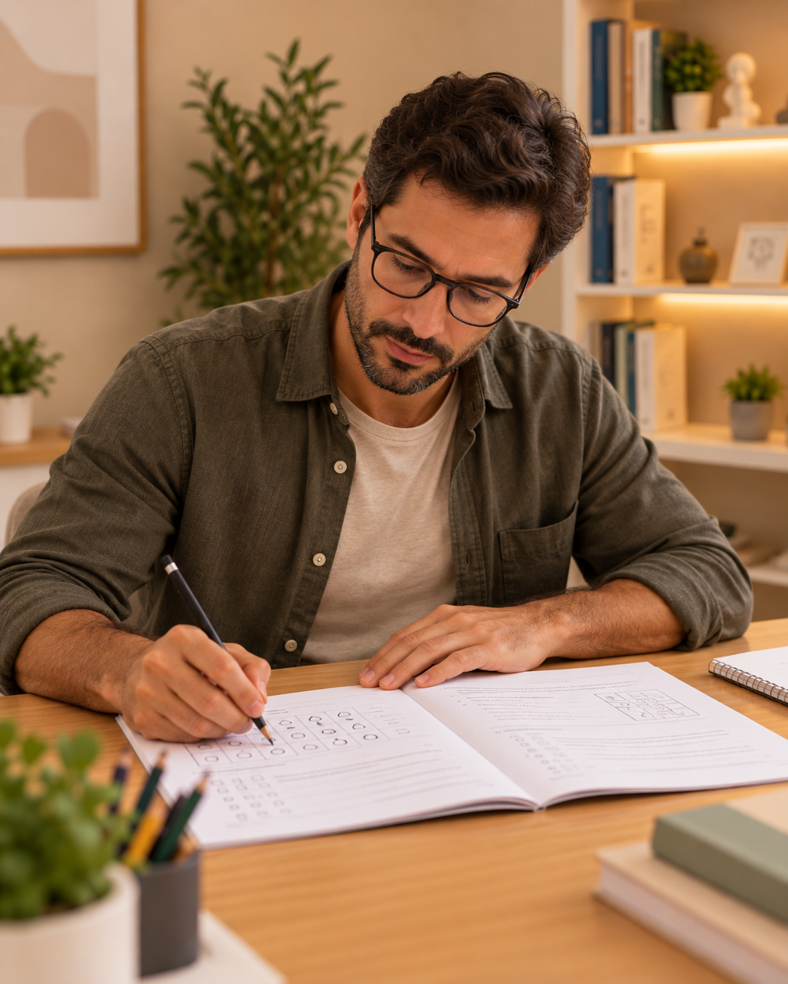 Adulto realizando atividade de avaliação em uma mesa de estudos