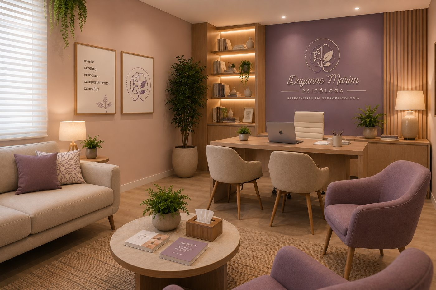 Ambiente do consultório em tons de lavanda e madeira