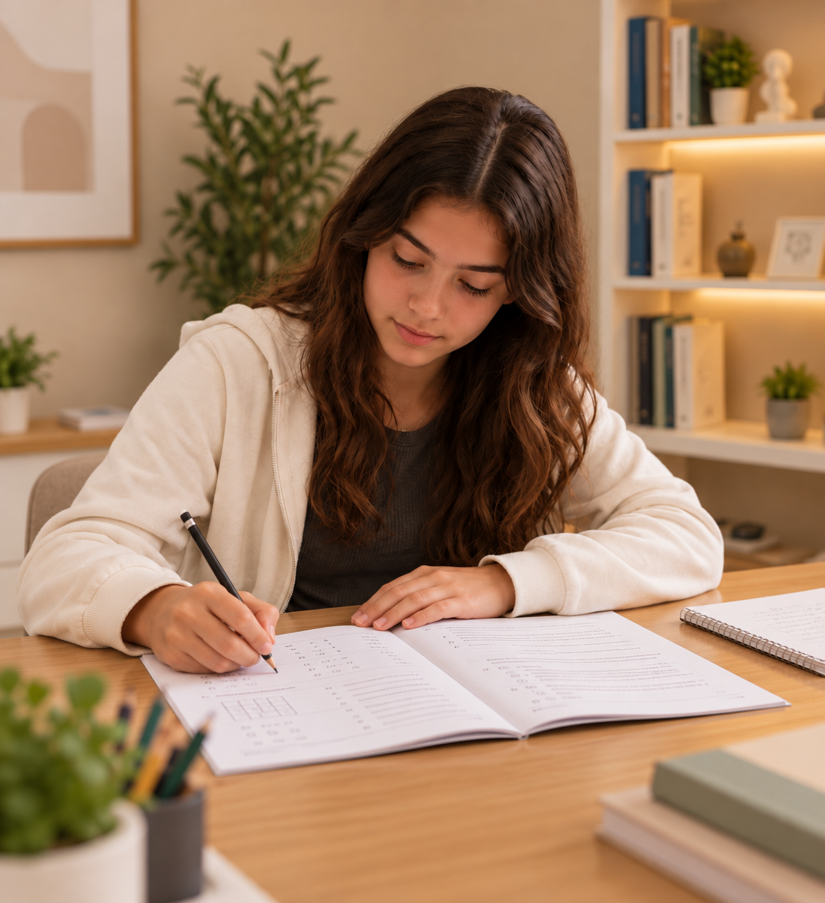 Adolescente realizando atividade de avaliação em uma mesa de estudos