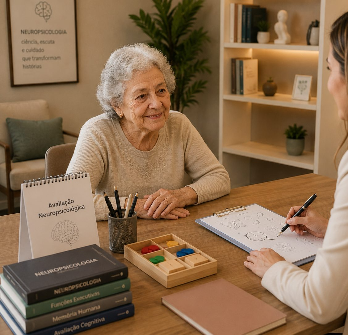 Senhora idosa sorrindo durante atendimento no consultório