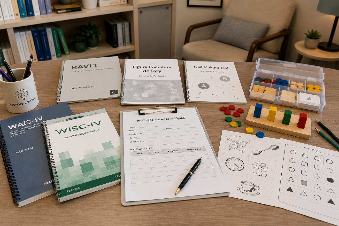 Instrumentos e materiais utilizados em avaliação neuropsicológica sobre a mesa do consultório